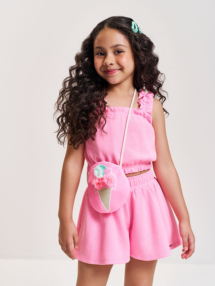Conjunto Infantil Neon Love com Regata Cropped, Shorts em Moletinho Waffle e Bolsa – Look Menina Ver ROSA BARBIE