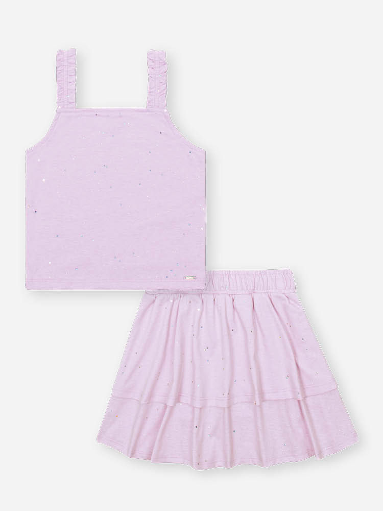 Conjunto Infantil com Regata Boxy e Saia Shorts com Glitter – Look Menina Verão em Meia Malha LILAS BRUMA