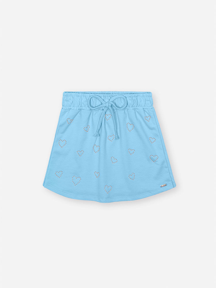 Shorts Saia Infantil em Moletinho – Saia Short Menina Verão com Strass de Coração AZUL PORCELANA