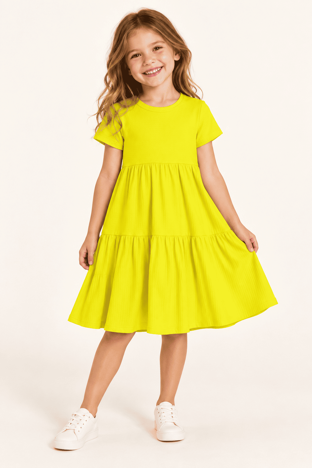 Vestido Infantil em Camadas Básico Manga Curta Amarelo Vestido Infantil em Camadas Básico Manga Curta Amarelo