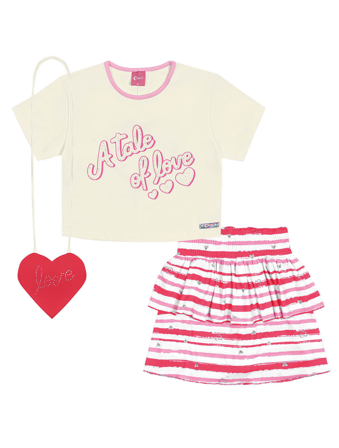 CONJ BLUSA,SAIA/SHORTS E BOLSA NAT/RS CHEER/RS CHEE