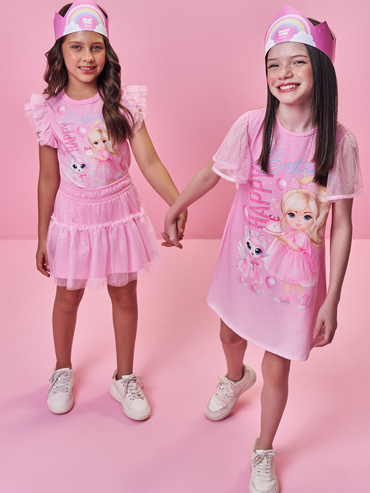 Conjunto Infantil de Aniversário com Saia Shorts em Tule Foil – Princesa Birthday Cinti ROSA IOGURTE