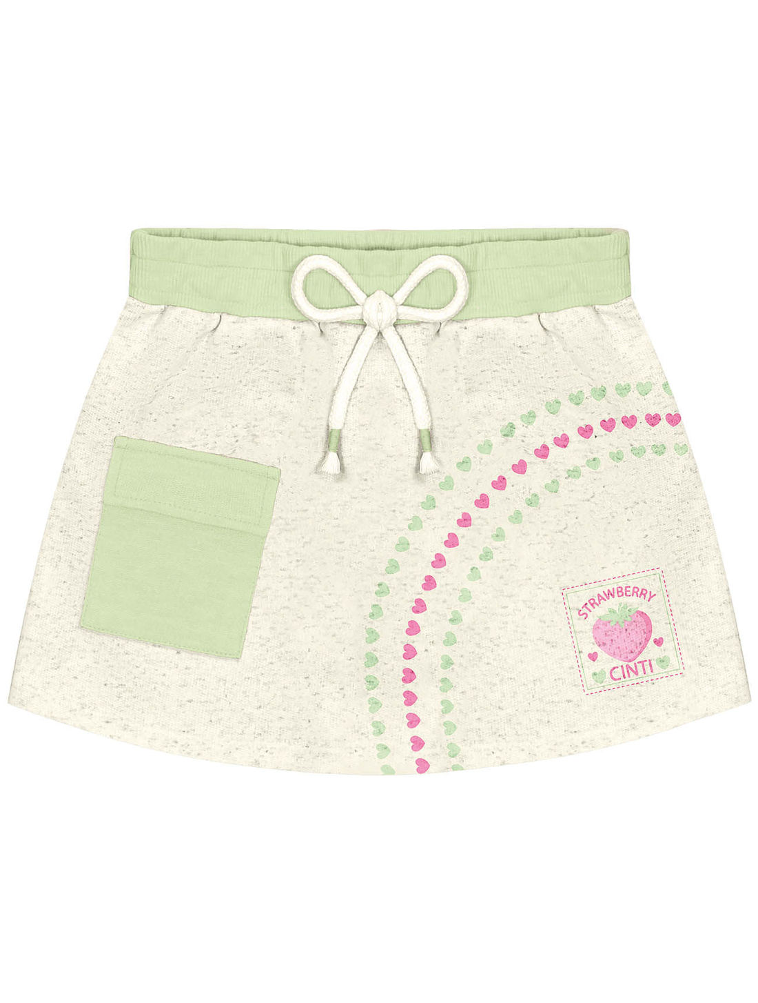 Conjunto Infantil Menina Blusa Gatinha; Short-Saia E Bolsa Strawberry Off White E Verde Cinti