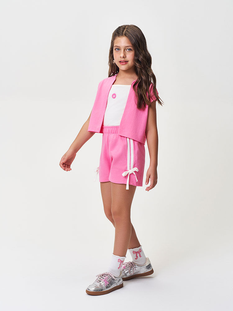 Trio Infantil Menina Regata e Short e Colete Poodle com Strass