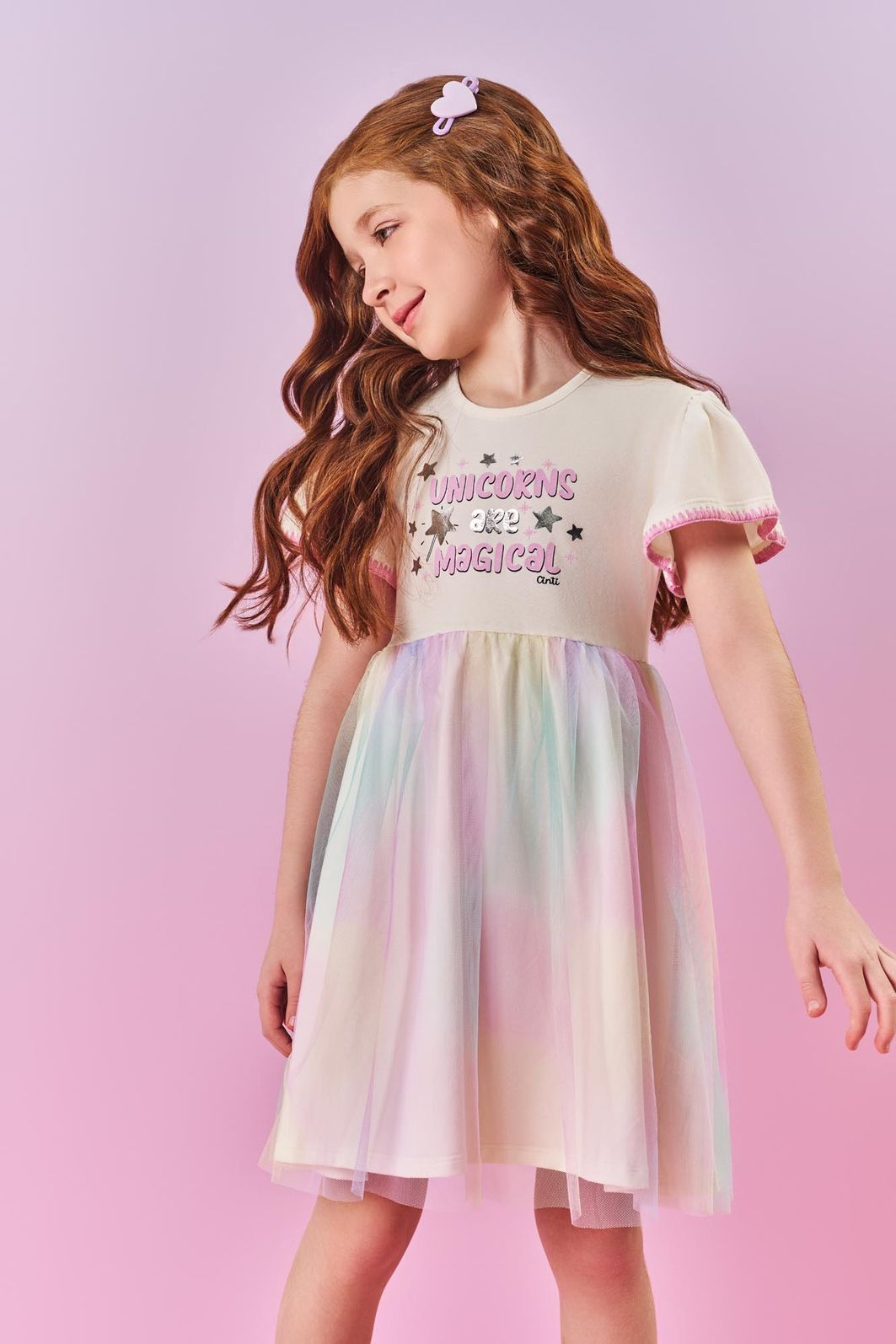 Vestido Infantil Manga Curta com Tule – Vestido Menina Temático Unicórnio Mundo Cinti