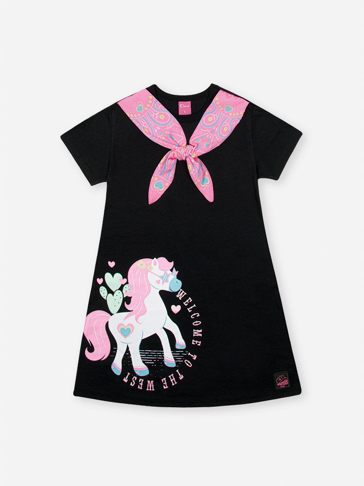 Vestido Infantil em Meia Malha com Unicórnio – Vestido Menina Verão com Glitter PRETO