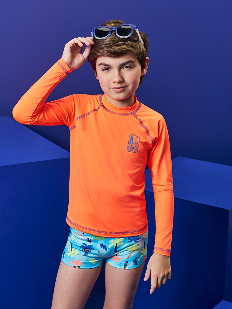 Camiseta Menino Manga Longa em Malha UV Laranja Neon