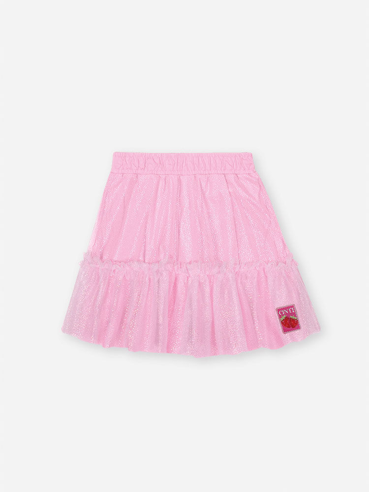 Conjunto Infantil com Blusa em Cotton e Saia Shorts com Tule Foil – Look Menina Verão com Morango e NATURAL/RS IOGURTE