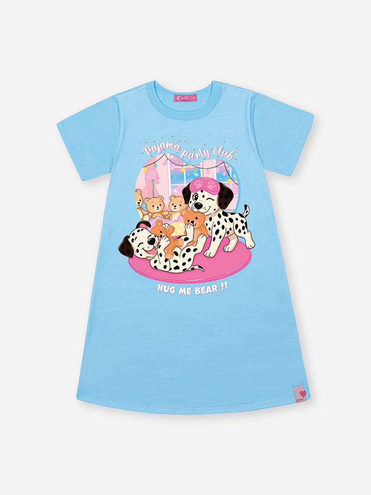 Camisola Infantil em Meia Malha – Pijama Menina Verão com Estampa de Cachorrinhos AZUL PORCELANA