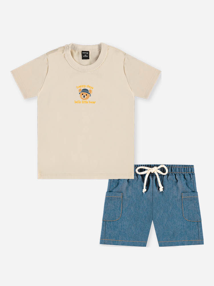 Conjunto Bebê Menino Camiseta Ursinho Bordado e Bermuda Jeans Médio Conjunto Bebê Menino Camiseta Ursinho Bordado e Bermuda Jeans Médio