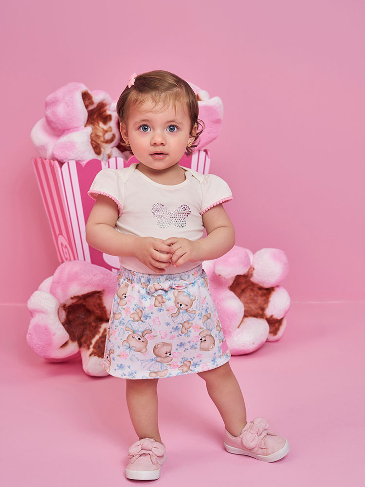 Conjunto Bebê Menina Body com Short-Saia Ursinhas Delicadas – Look Confortável Cinti Baby NATURAL/AZ PORCELANA