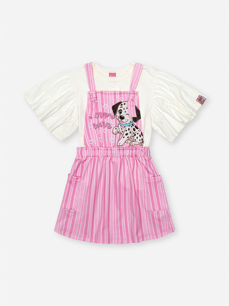 Conjunto Infantil com Blusa e Salopete Listrada – Look Menina Verão com Strass NATURAL/RS CONFETE
