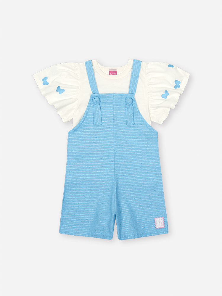 Conjunto Infantil com Jardineira em Sarja Glow – Blusa Menina 100% Algodão com Borboletas Bordadas NATURAL/AZ PORCELANA