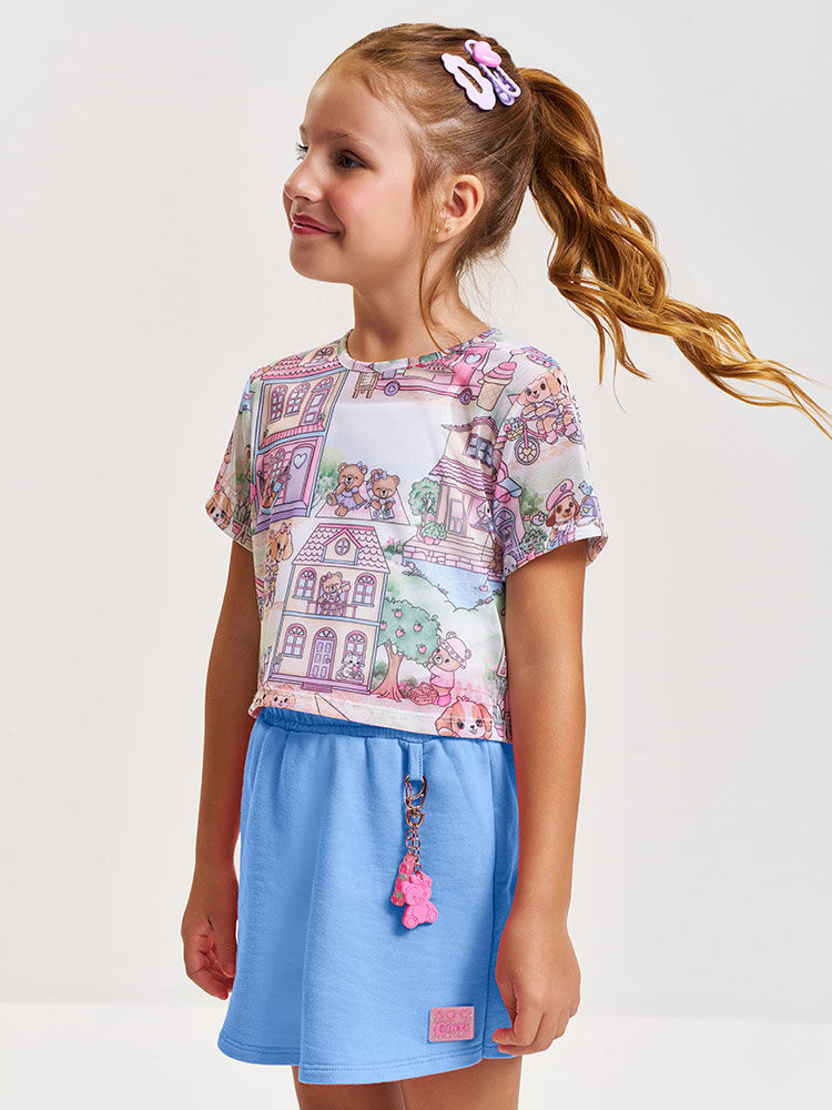 Conjunto Infantil com Regata e Shorts Saia em Moletinho com Kimono em Tule – Look Menina Verão com A NATURAL/AZ PROVENCE