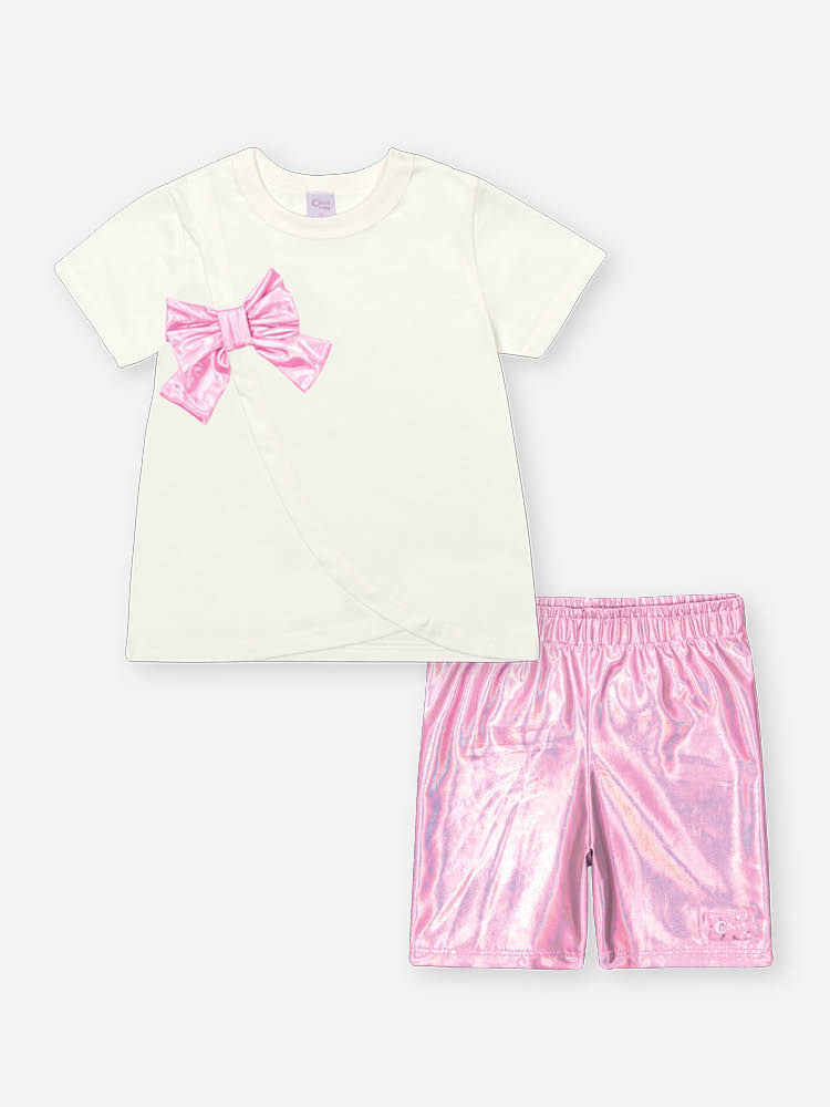 Conjunto Infantil de Blusa Laço em Meia Malha com Ciclista Metalizada NATURAL/ROSA