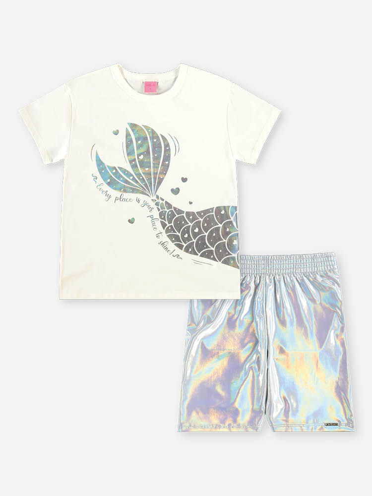 Conjunto Infantil Menina Blusa de Sereia e Ciclista Holográfica Prata