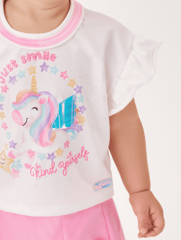 Conjunto Bebê Menina Unicórinio Blusa E Short-Saia Natural E Rosa Cinti
