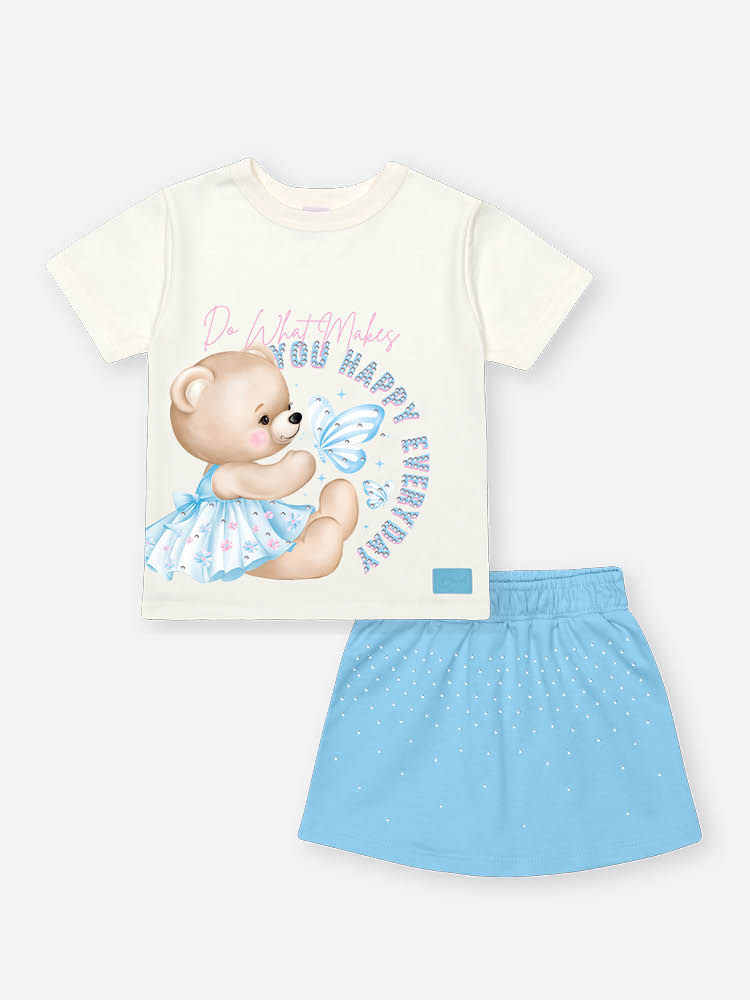 Conjunto Bebê Menina Ursinha Bailarina com Short-Saia – Look Delicado em Algodão Cinti Baby NATURAL/AZ PORCELANA