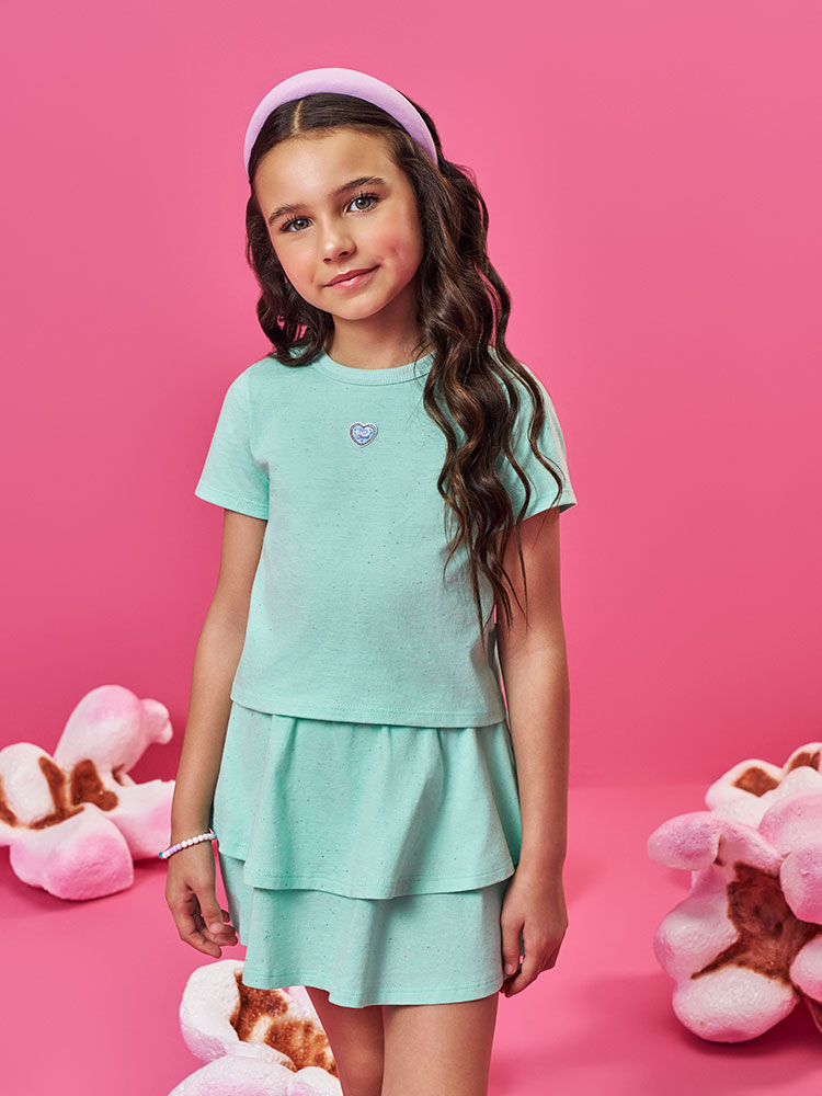 Conjunto Infantil com Blusa e Saia Shorts em Malha Botonê – Look Menina Verão com Algodão VERDE BRISA