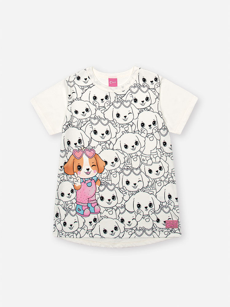 Conjunto Infantil com Estampa de Cachorrinhos e Ciclista em Ribana Glow – Look Menina Verão com Stra NATURAL/AZ PROVENCE