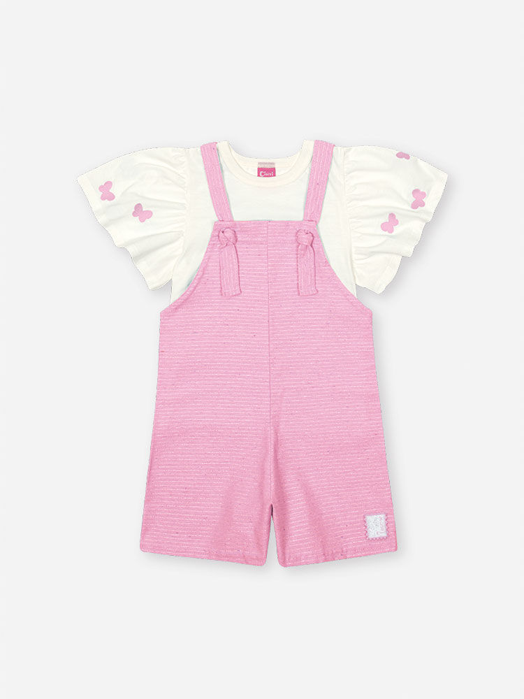 Conjunto Infantil com Jardineira em Sarja Glow – Blusa Menina 100% Algodão com Borboletas Bordadas NATURAL/RS IOGURTE