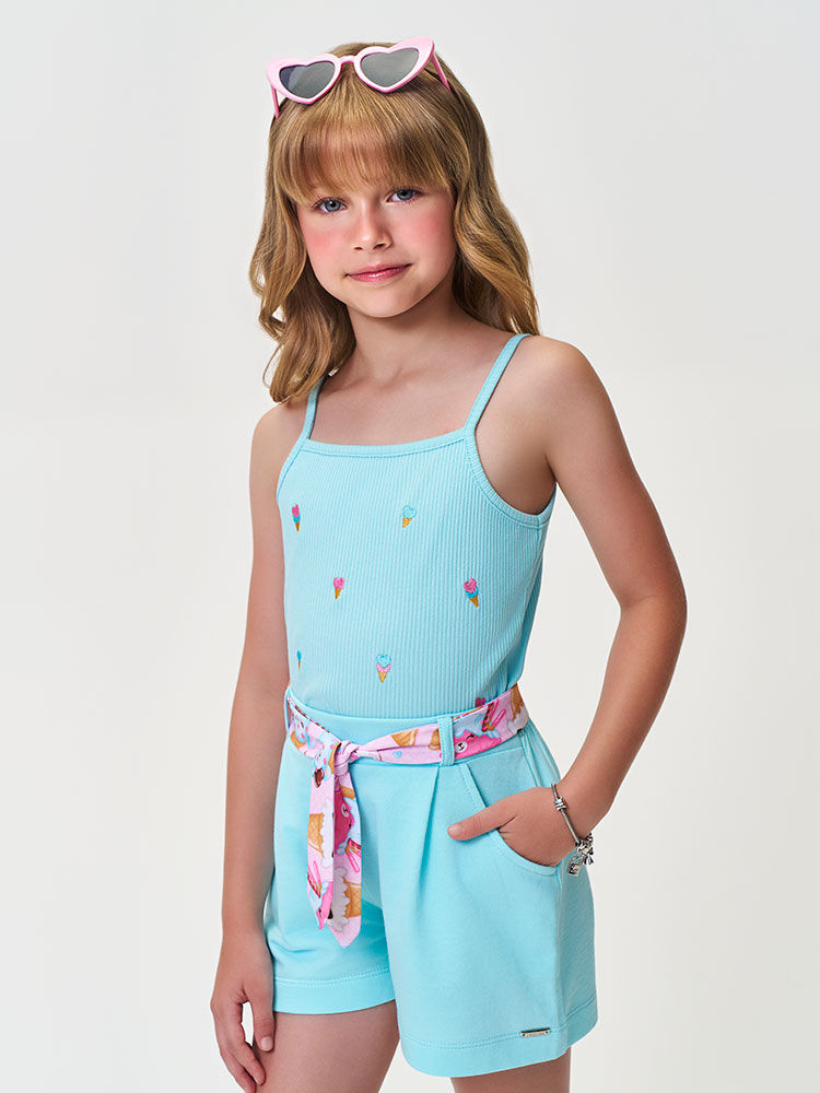 Short Infantil Menina Azul em Moletinho com Lenço Estampado