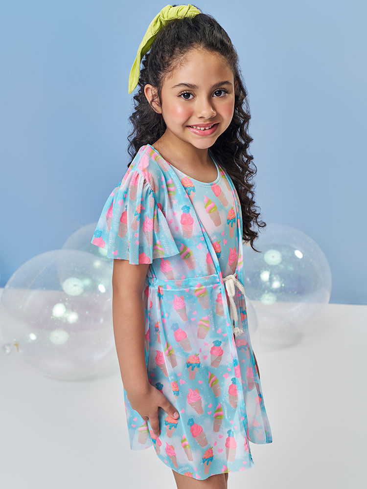 Saída de Praia Infantil em Tule Flex Estampado – Moda Praia Menina Verão com Sorvetes e Ursinhas VERDE ATOL