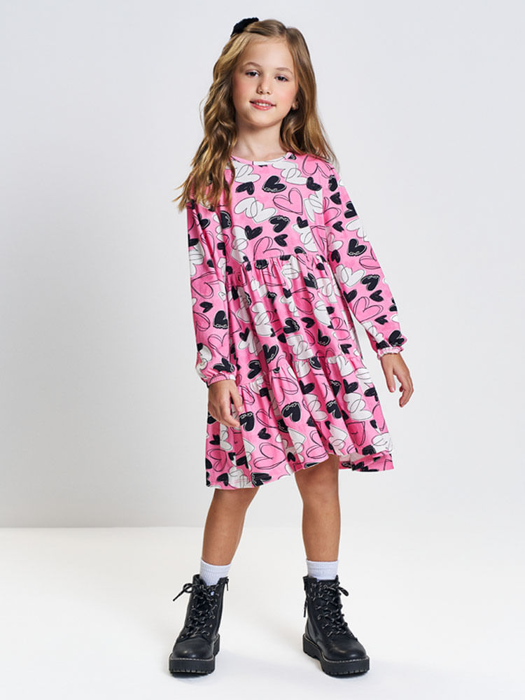 Vestido Infantil Manga Longa com Babados Três Marias – Vestido Menina Corações Mundo Cinti