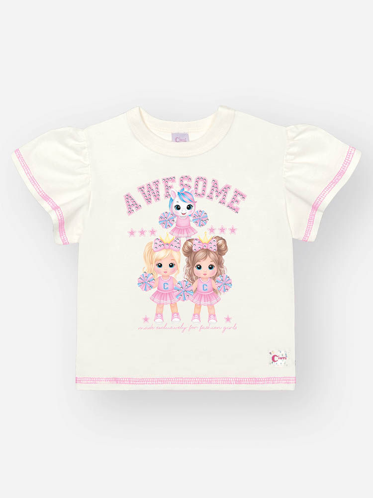 Conjunto Infantil Princeas Cinti de Blusa em Meia Malha com Shorts em Moletinho e Strass NATURAL/RS IOGURTE