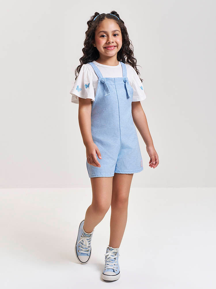 Conjunto Infantil com Jardineira em Sarja Glow – Blusa Menina 100% Algodão com Borboletas Bordadas NATURAL/AZ PORCELANA