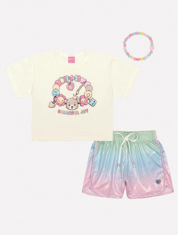 Conjunto Infantil Menina Blusa E Short Com Pulseira Natural Mundo Cinti
