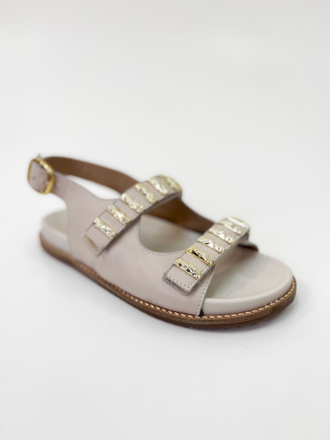 Zaza - Sandália Rasteira em Couro Off White com Tiras Douradas e Fivela Ajustável Zaza - Sandália Rasteira em Couro Off White com Tiras Douradas e Fivela Ajustável
