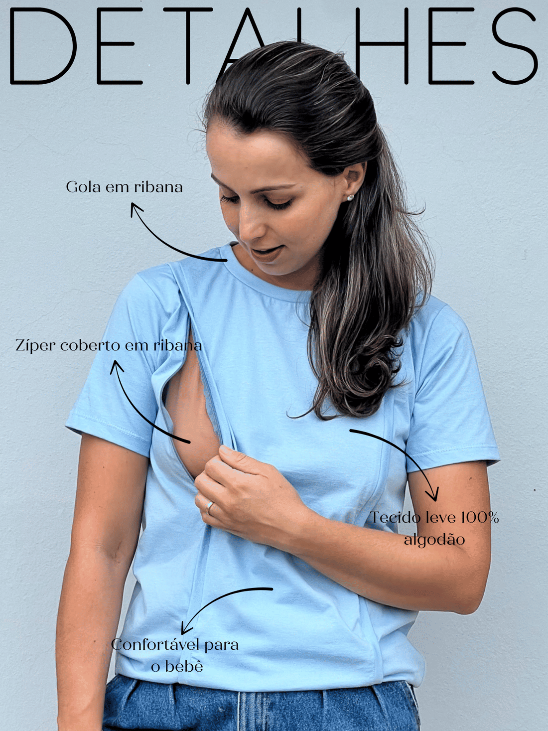 Camiseta de Amamentação zíper embutido - Azul Camiseta de Amamentação zíper embutido - Azul