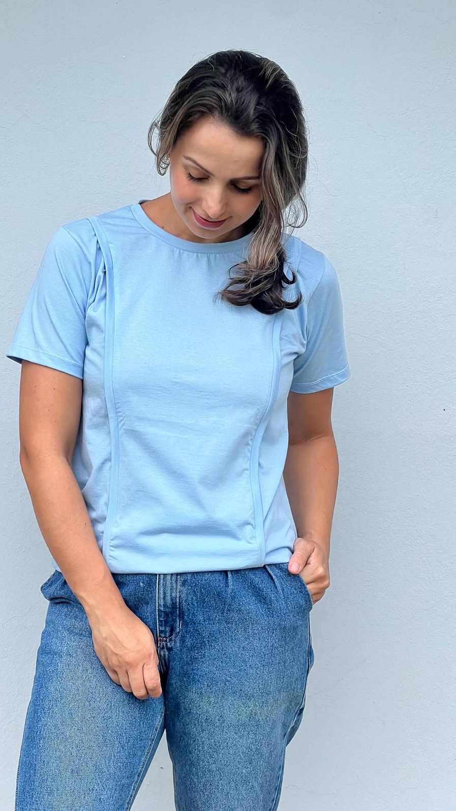 Camiseta de Amamentação zíper embutido - Azul Camiseta de Amamentação zíper embutido - Azul