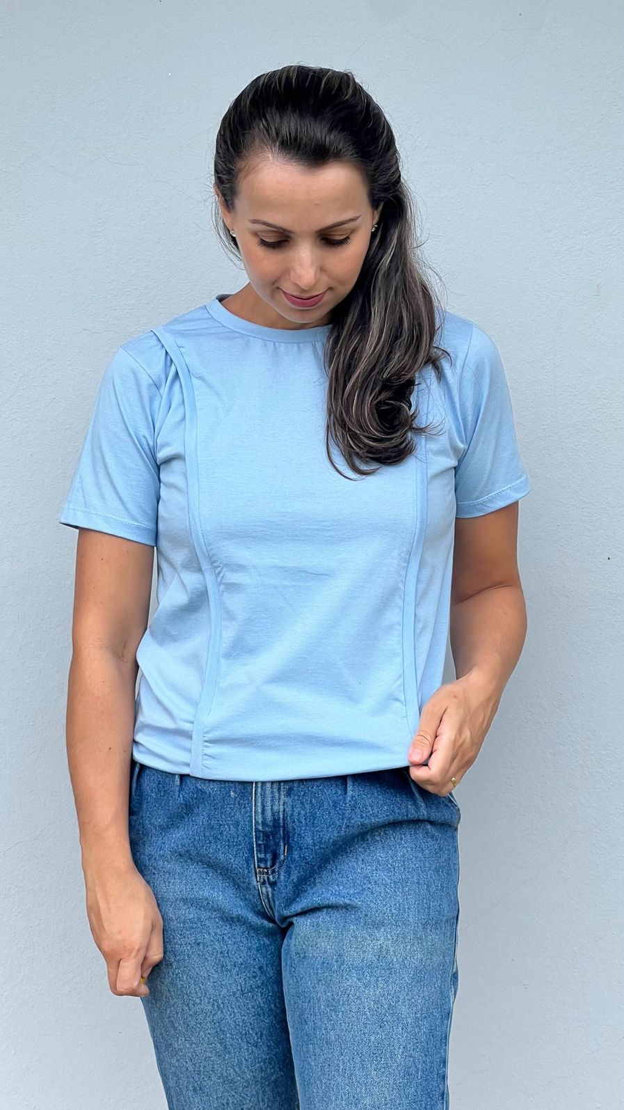 Camiseta de Amamentação zíper embutido - Azul Camiseta de Amamentação zíper embutido - Azul