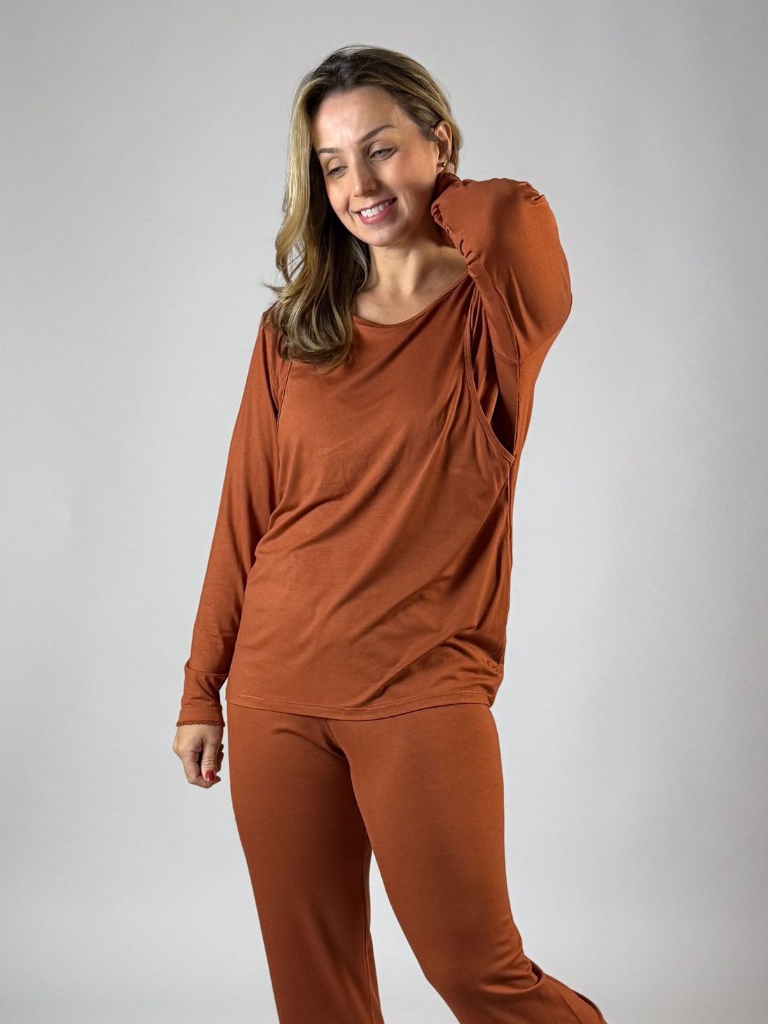 Pijama de amamentação manga longa - Terracota Pijama de amamentação manga longa - Terracota