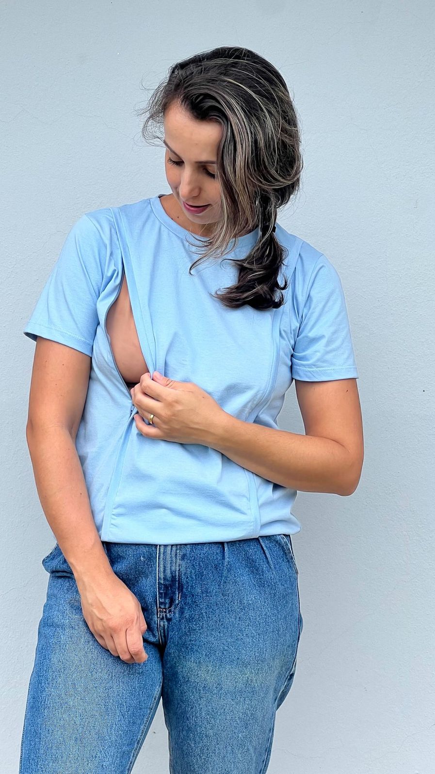 Camiseta de Amamentação zíper embutido - Azul Camiseta de Amamentação zíper embutido - Azul