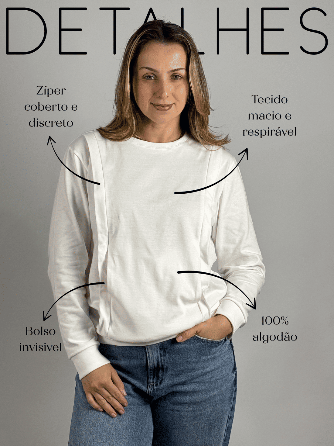 Blusa de amamentação Olívia - Off white Blusa de amamentação Olívia off white vestida por modelo, com destaques: zíper coberto e discreto, tecido macio e respirável, bolso invisível e 100% algodão