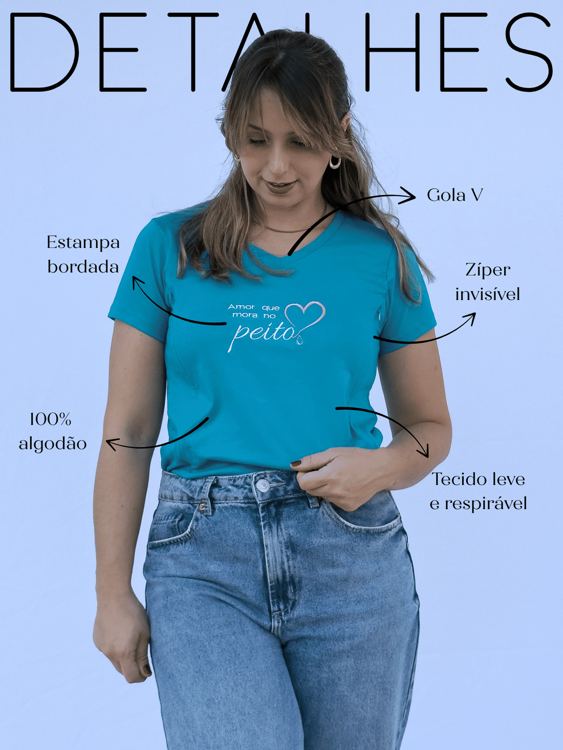 Camiseta de amamentação gola V - Amor que mora no peito Camiseta de amamentação gola V - Amor que mora no peito