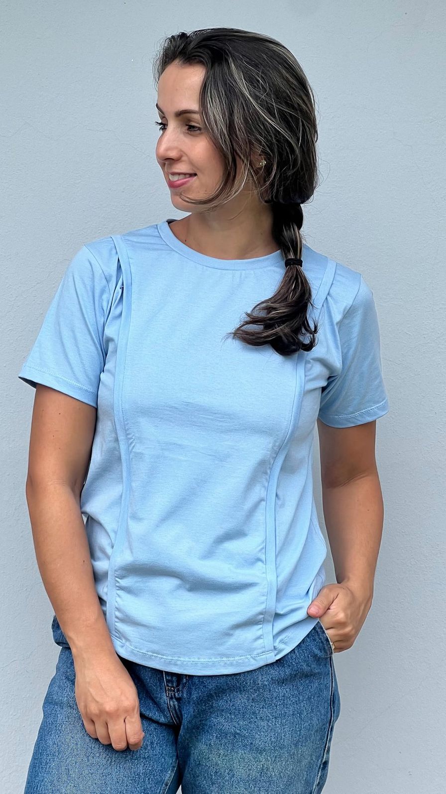 Camiseta de Amamentação zíper embutido - Azul Camiseta de Amamentação zíper embutido - Azul