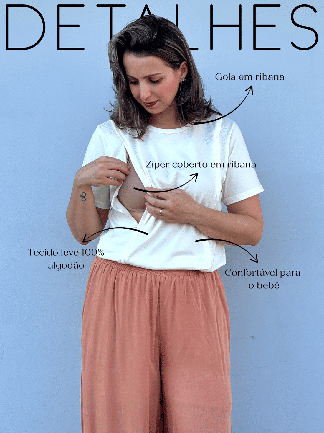 Camiseta de amamentação zíper embutido - Creme Camiseta de amamentação zíper embutido - Creme