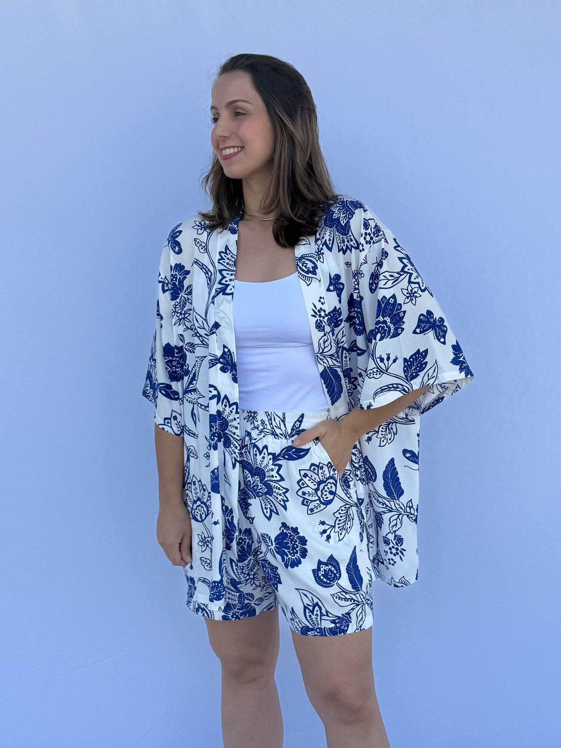 Conjunto - Kimono e short floral azul Conjunto - Kimono e short floral azul