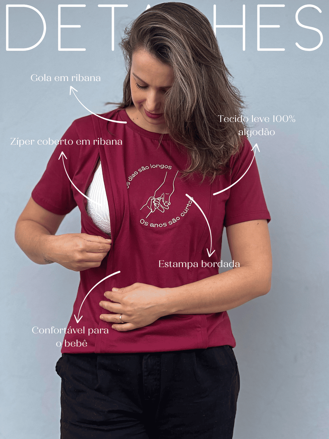 Camiseta de amamentação bordô - Os dias são longos