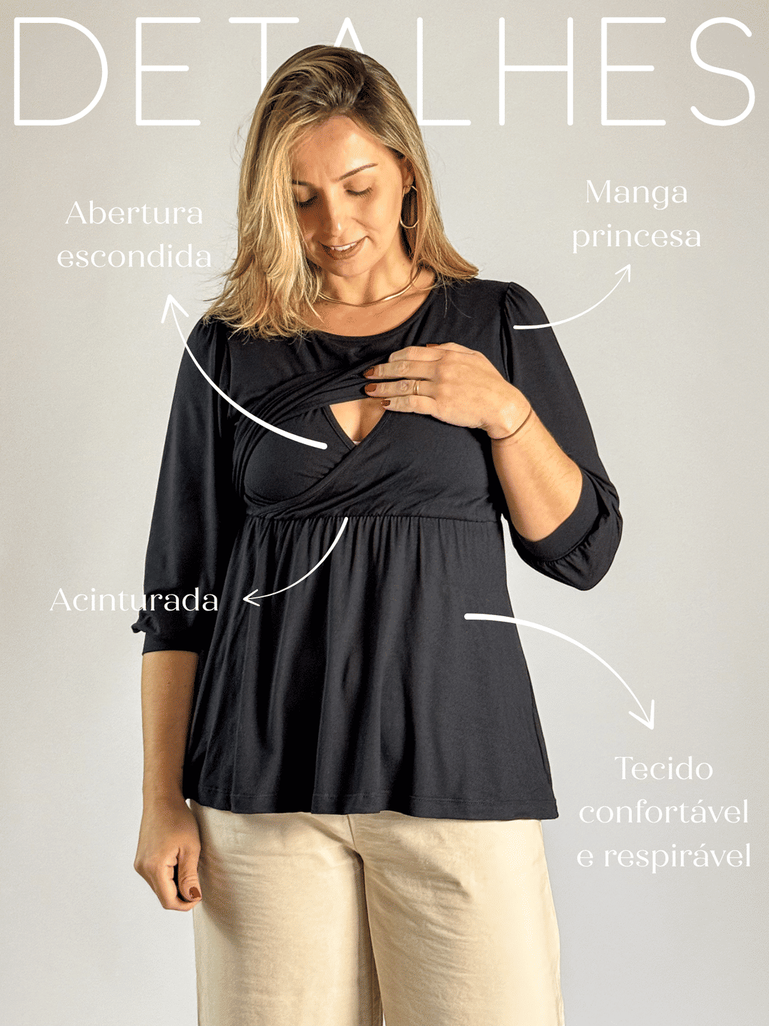 Blusa de amamentação manga princesa Bela - Preta Blusa de amamentação manga princesa Bela - Preta