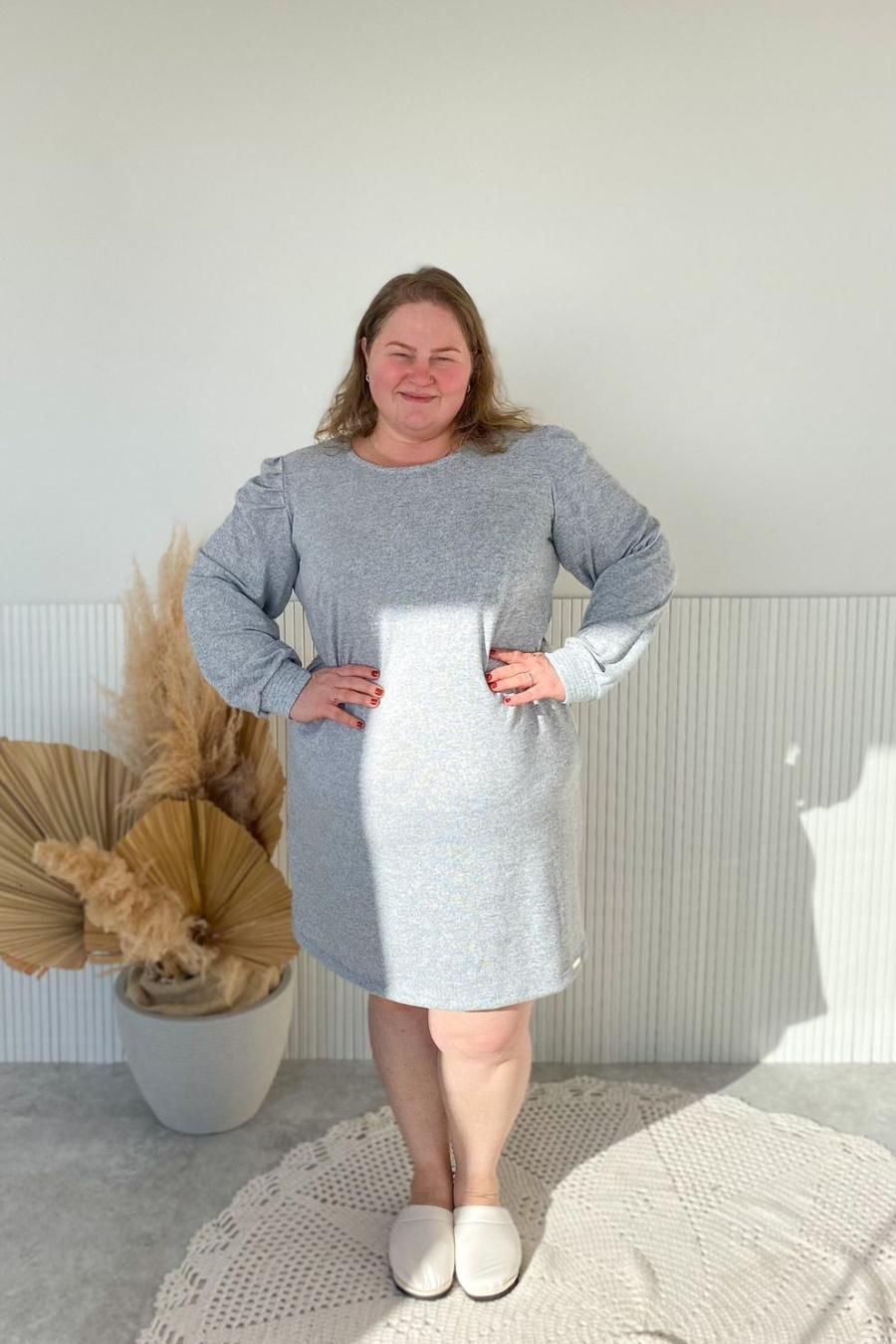 Vestido Tricot Felpado Plus Size Mangas Bufantes Linha Easywear