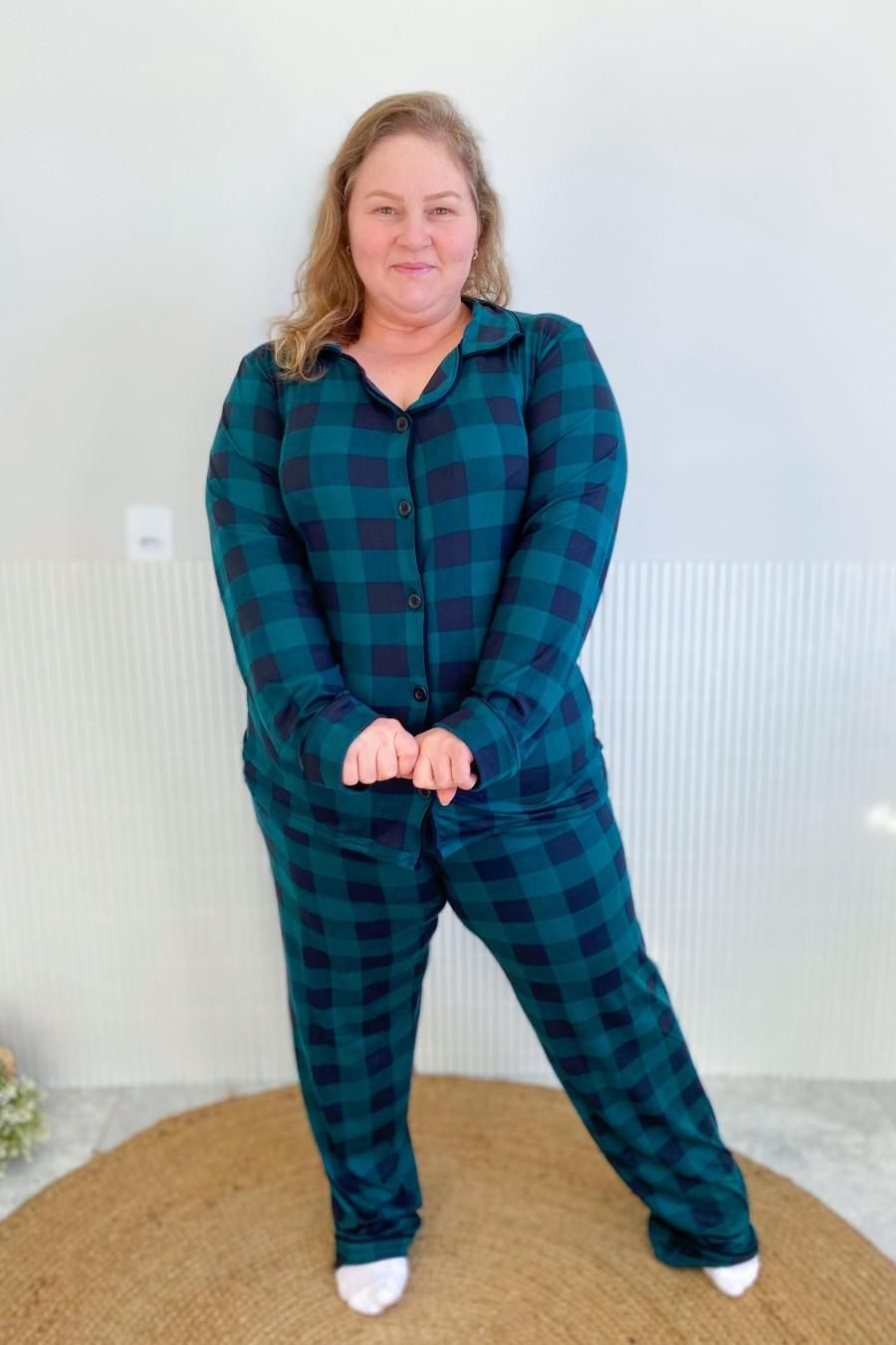 Pijama Americano Plus Size em Suede Xadrez 