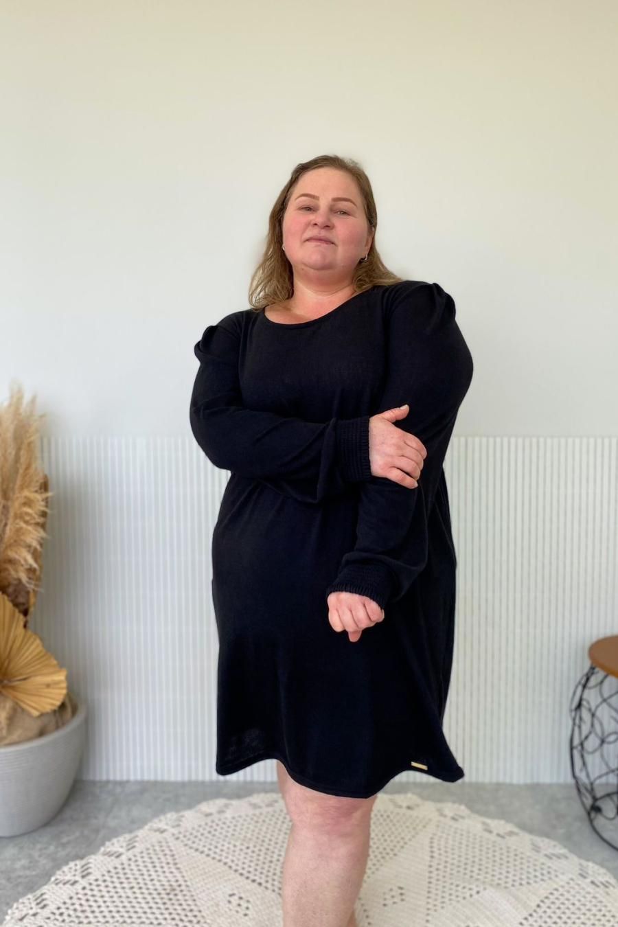 Vestido Tricot Felpado Plus Size Mangas Bufantes Linha Easywear