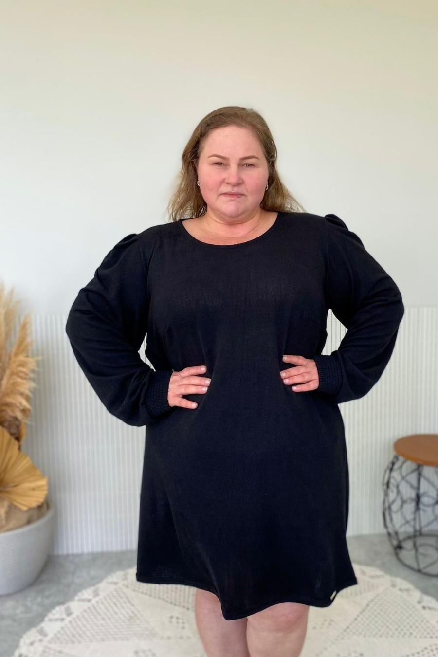 Vestido Tricot Felpado Plus Size Mangas Bufantes Linha Easywear