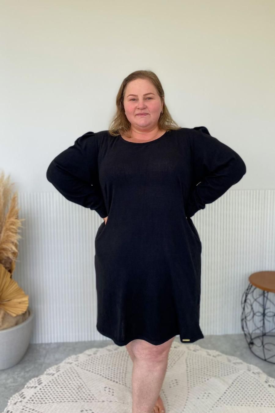 Vestido Tricot Felpado Plus Size Mangas Bufantes Linha Easywear