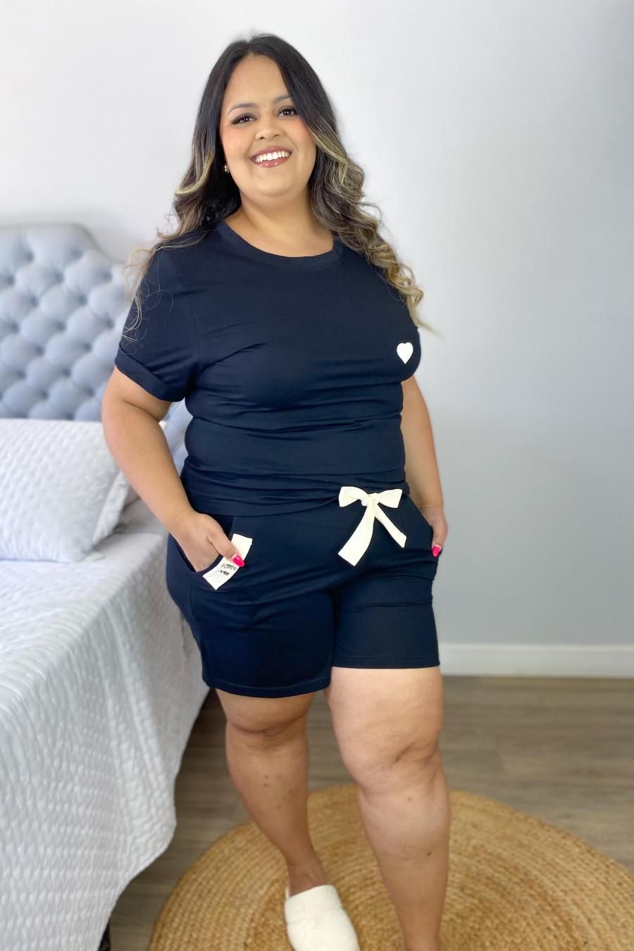 Pijama Feminino Plus Size em Algodão Detalhe Coração 